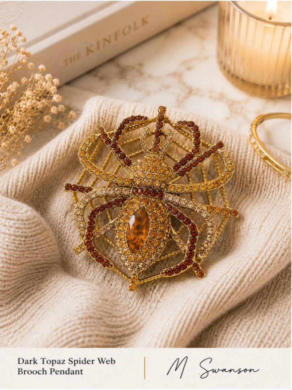 Dark Topaz Crystal Spider Web Brooch Pendant | Gold Tone Statement Jewelry